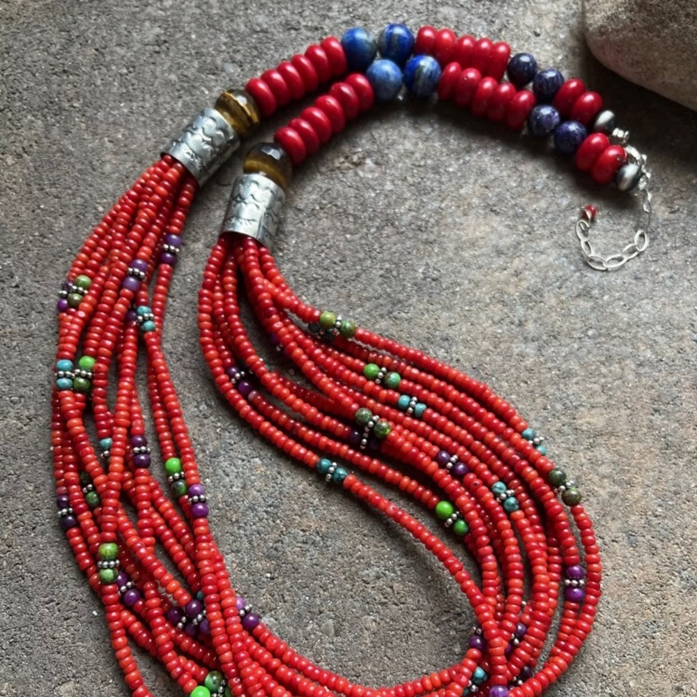 Sterling Silver Multi Strand Multi Stone Red Cora… - image 2